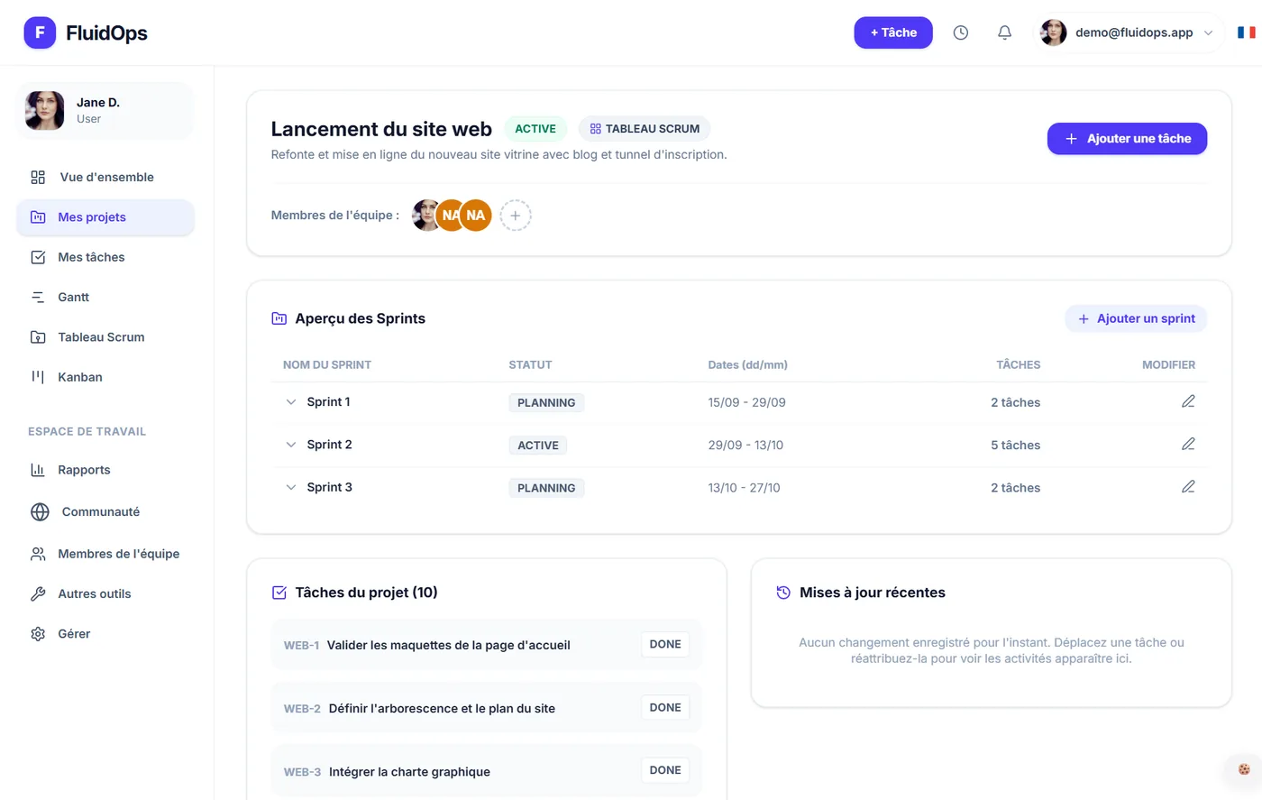 Vista de un proyecto en FluidOps: miembros del equipo, resumen de sprints y lista de tareas.